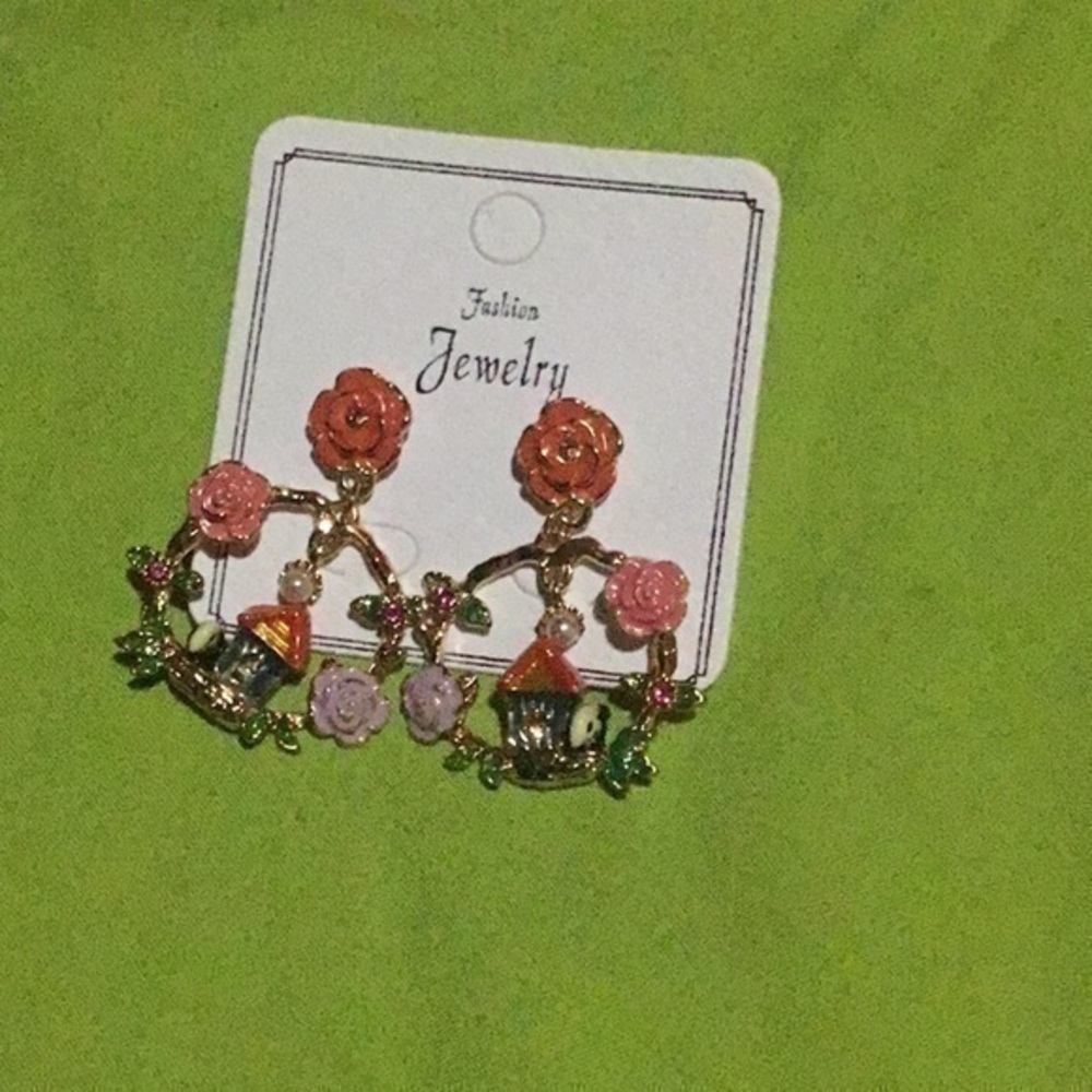 Enamel Bird House Earrings
